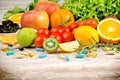 Healthy eating diet and healthy lifestyle with fresh organic fruit, vegetable and supplement Royalty Free Stock Photo