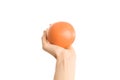 Healthy eating and diet topic: human hand holding a red grapefruit isolated on a white background in the studio, first-person view Royalty Free Stock Photo