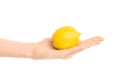 Healthy eating and diet Topic: Human hand holding yellow lemon isolated on a white background in the studio Royalty Free Stock Photo