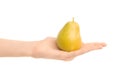 Healthy eating and diet Topic: Human hand holding yellow pear isolated on a white background in the studio Royalty Free Stock Photo