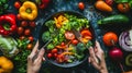 Healthy eating, dieting, vegetarian kitchen, and cooking concept - close-up of vegetable salad bowl and fork at home