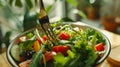 Healthy eating, dieting, vegetarian kitchen, and cooking concept - close-up of vegetable salad bowl and fork at home