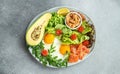 Healthy eating food vegetables salad, avocado, fish, eggs, nuts peanut paste. low carb keto ketogenic diet. Long banner Royalty Free Stock Photo