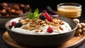 Healthy eating Fresh fruit, yogurt, granola a gourmet breakfast bowl generated by AI Royalty Free Stock Photo