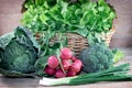 Healthy eating, fresh organic vegetable on wooden table, variety of fresh vegetables in a wicker basket Royalty Free Stock Photo