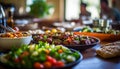 Healthy eating fresh salad, grilled meat, homemade bread on rustic table generated by AI Royalty Free Stock Photo