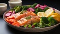 Healthy eating Fresh seafood salad, grilled fish fillet, and vegetable plate generated by AI Royalty Free Stock Photo