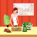 Healthy eating. Girl in the kitchen slices a salad. Illustration