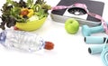 Healthy eating green apple and salad as weight scale with Workout and fitness dieting Royalty Free Stock Photo