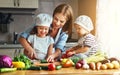 Healthy eating. Happy family mother and children prepares veget