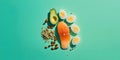Healthy Eating Illustration: Salmon, Avocado, Eggs, and Almonds on Teal Royalty Free Stock Photo