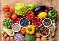 Healthy eating ingredients: fresh vegetables, fruits and superfood. Nutrition, diet, vegan food concept