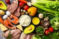 Healthy eating. Keto concept, ingredients for Ketogenic diet. Various balanced useful components healthy low carbohydrate foods. Royalty Free Stock Photo