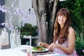 Healthy eating lifestyle woman having salad outdoors Royalty Free Stock Photo