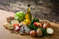 Healthy eating. Mediterranean diet. Fruit,vegetables, grain, nuts olive oil and fish