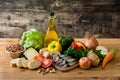 Healthy eating. Mediterranean diet. Fruit,vegetables, grain, nuts olive oil and fish