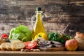 Healthy eating. Mediterranean diet. Fruit,vegetables, grain, nuts olive oil and fish Royalty Free Stock Photo