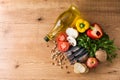 Healthy eating. Mediterranean diet. Fruit,vegetables, grain, nuts olive oil and fish Royalty Free Stock Photo