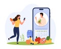 Healthy eating plan from nutritionist, weight loss program in mobile app of tiny woman Royalty Free Stock Photo