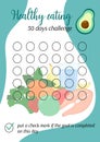 Healthy eating tracker. Nutrition personal 30 days challenge printable template. Healthy food diet habits tracker blank. Vector