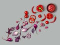 Vegetables red and violet: pepper, tomato, onion, basil, on a gray background. Photo studio. Healthy food, top vie