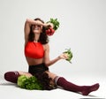 Healthy eating vegetarian food concept. Dieting. Woman hold bunch of radish