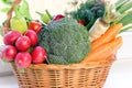 Healthy eating, vegetarian food, fresh organic vegetable in wicker basket Royalty Free Stock Photo