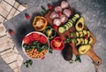 Healthy eating and veggie lifestyle concepts. Overhead view of veggie poke and vegetables. Studio photography