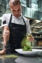 Healthy eating. Vertical portrait of handsome male chef in black apron adding spices in salad Royalty Free Stock Photo