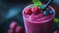 Healthy eating vibrant raspberry smoothie for detox diet, selective focus on vegetarian food