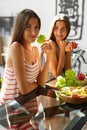 Healthy Eating Women Cooking Salad In Kitchen. Fitness Diet Food Royalty Free Stock Photo