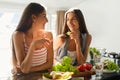 Healthy Eating Women Cooking Salad In Kitchen. Fitness Diet Food Royalty Free Stock Photo