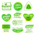 Healthy eco vegetarian food organic vector logos and products stickers