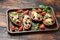 Healthy Eggplant or Aubergine pizza with tomato sauce, mozzarella cheese, basil and olives