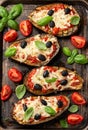 Healthy Eggplant or Aubergine pizza with tomato sauce, mozzarella cheese, basil and olives