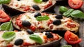 Healthy Eggplant or Aubergine pizza with tomato sauce, mozzarella cheese, basil and olives