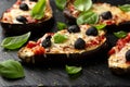 Healthy Eggplant or Aubergine pizza with tomato sauce, mozzarella cheese, basil and olives