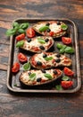 Healthy Eggplant or Aubergine pizza with tomato sauce, mozzarella cheese, basil and olives