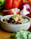 Healthy eggplant rolls stuffed with cheese served in a traditional bowl with a lot of fresh greens