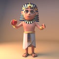 Healthy Egyptian pharaoh Tutankhamen eating an apple, 3d illustration