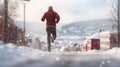 Healthy energetic man jogging in a snowy city on a sunny winter day. View over a nice residential area. Generative AI