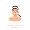 Healthy facial glowing pure skin icon. Woman beauty face with magnifier. Vector illustration for skincare cosmetics ad