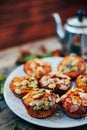 Healthy fall vegetarian dessert. Apple cupcake with pumpkin, almond seeds