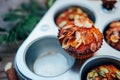 Healthy fall vegetarian dessert. Apple cupcake with pumpkin, almond seeds