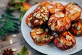 Healthy fall vegetarian dessert. Apple cupcake with pumpkin, almond seeds