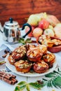 Healthy fall vegetarian dessert. Apple cupcake with pumpkin, almond seeds