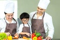 Healthy Family. Father and Mother with son cooking salad fresh vegetables for diet in kitchen. Royalty Free Stock Photo