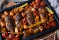 Healthy family meal with oven roasted chicken breast and vegetables on a baking tray Royalty Free Stock Photo