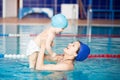 Healthy family mother teaching baby swimming pool Royalty Free Stock Photo