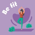 Healthy family poster. Be fit. Happy woman doing fitness exercises. Female practicing yoga. Outdoor workout. Girl Royalty Free Stock Photo